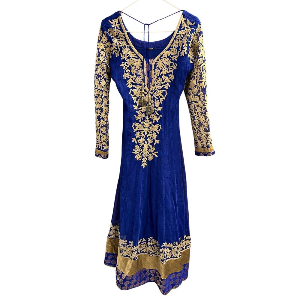 Elegant Blue Maxi Dress with Gold Embroidery
